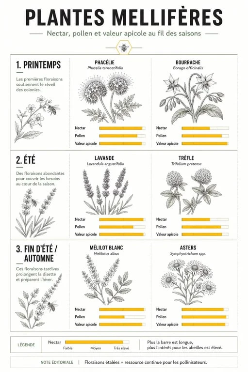Plantes mellifere par saison : espèces utiles aux abeilles, nectar et pollen