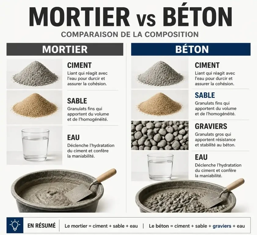 Infographie comparative mortier vs béton pour vos travaux de maçonnerie