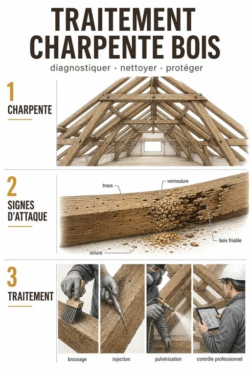Traitement charpente bois : signes d’attaque et méthodes de traitement sur une charpente en bois