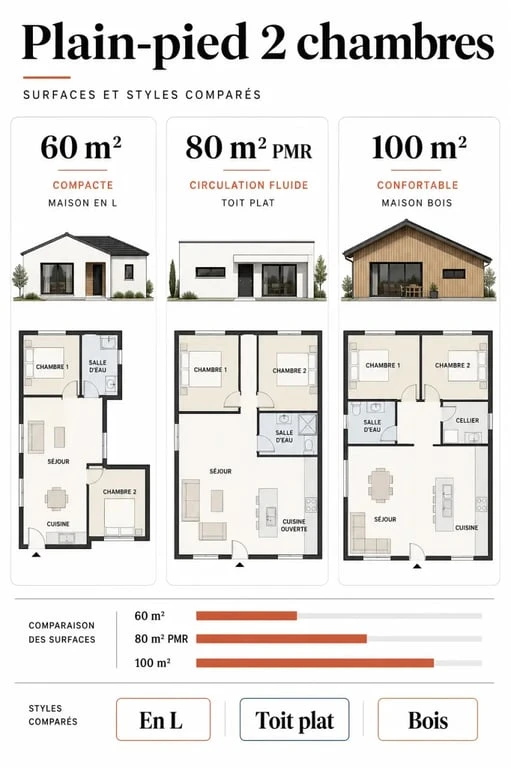 Plan maison plain-pied 2 chambres : comparaison visuelle des surfaces et configurations