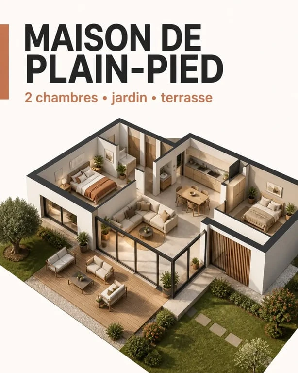 Plan maison plain-pied 2 chambres : maison contemporaine ouverte sur le jardin
