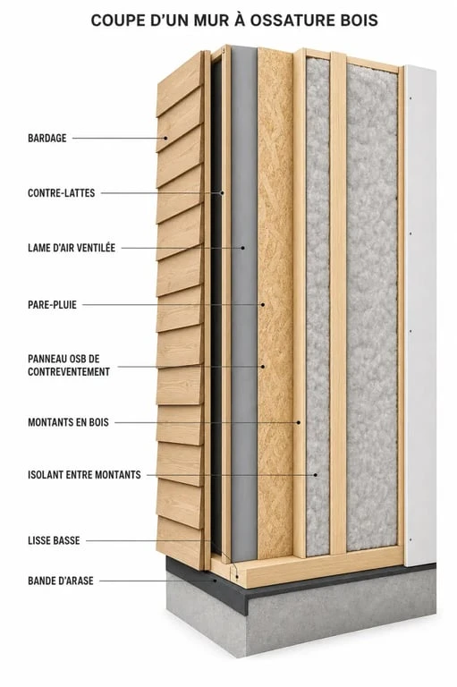 Mur à ossature bois en coupe avec les couches et fonctions principales