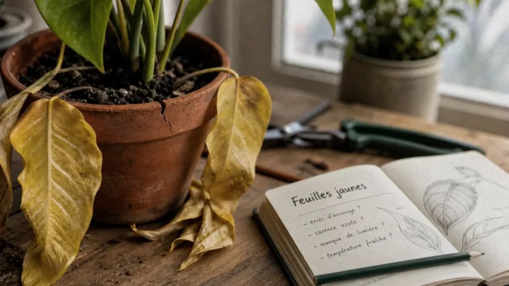 Feuille jaunissent : excès d’eau, manque de lumière ou carence