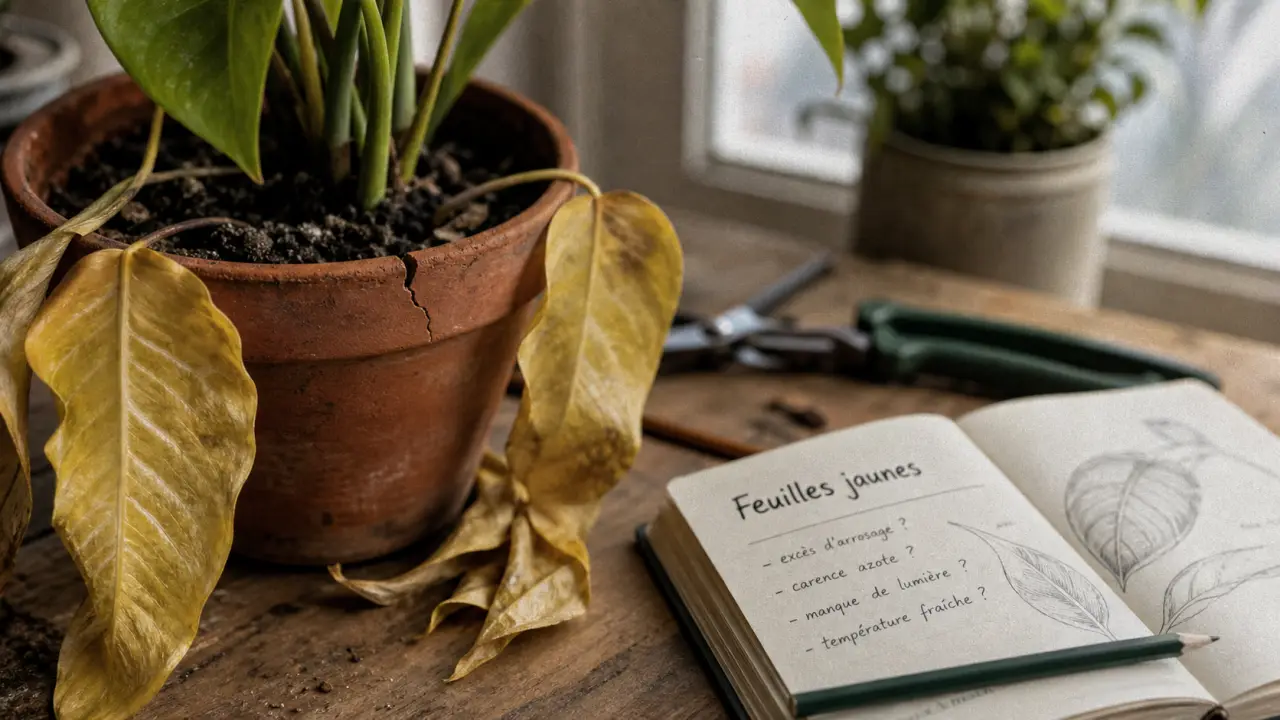 Feuille jaunissent : excès d’eau, manque de lumière ou carence