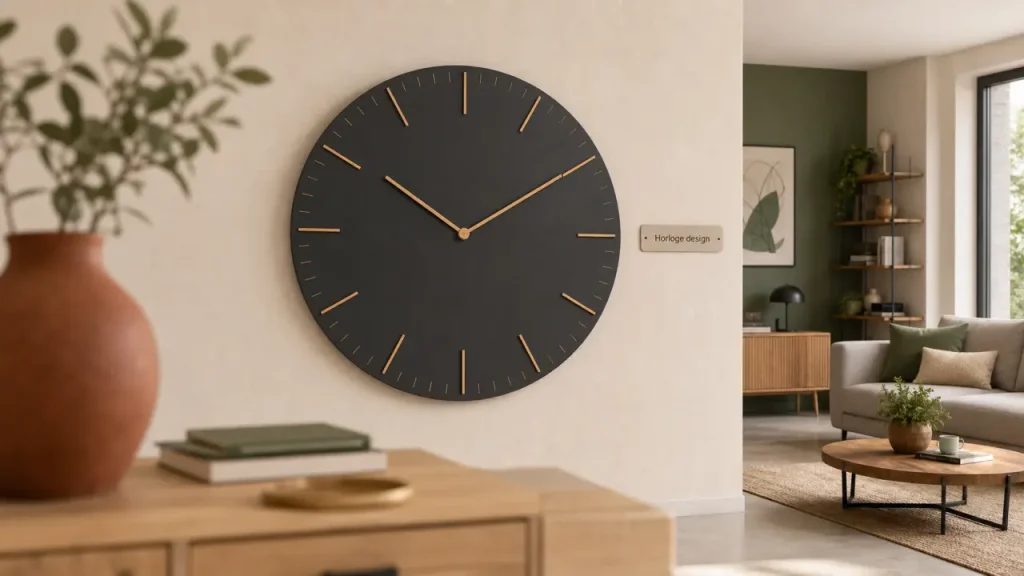 Horloge design grand diamètre bois et métal, cadran noir mat