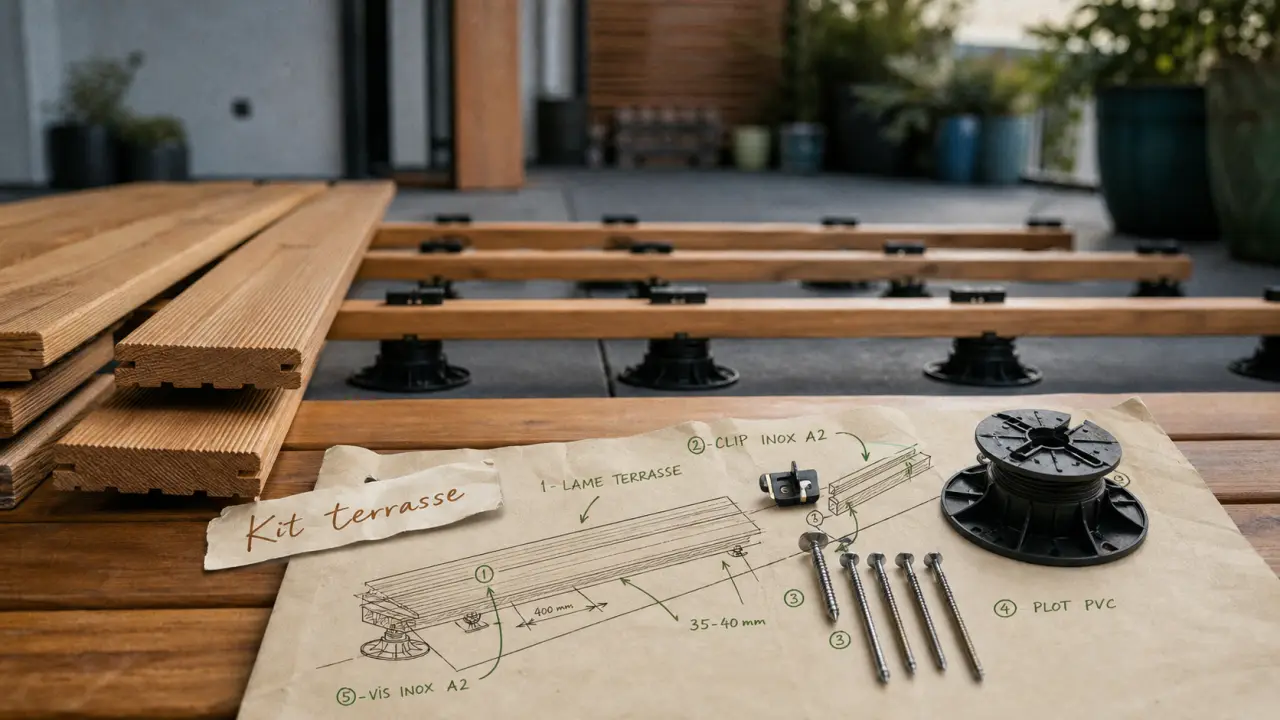 Kit terrasse en bois prêt à poser, lames sur plots PVC