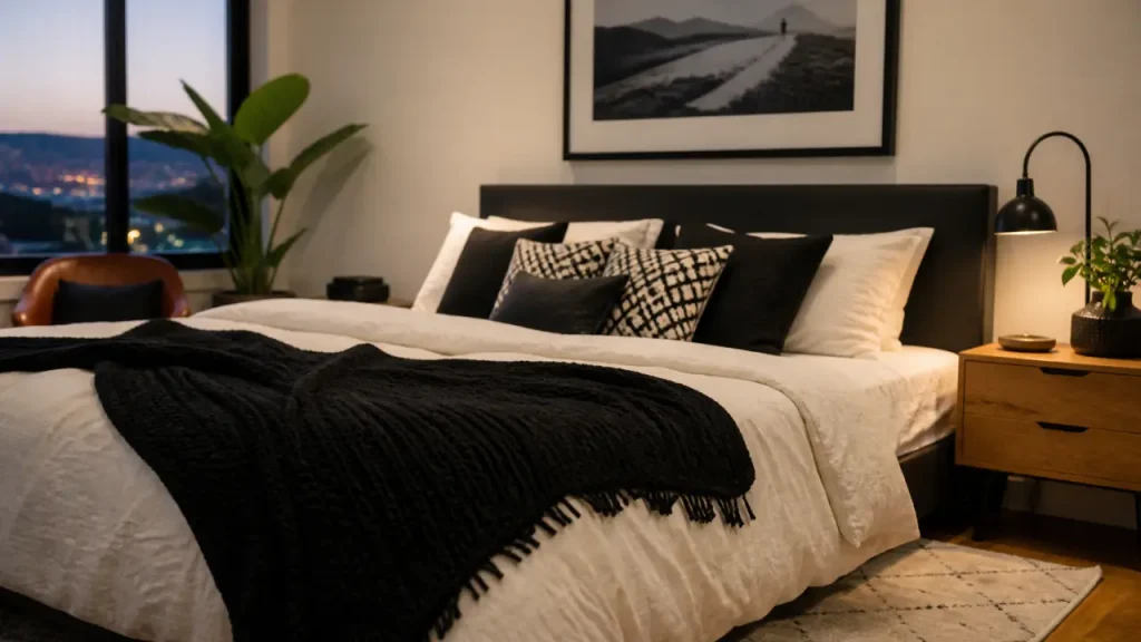 Noir et blanc chambre, textiles et lumière douce, contrastes chauds