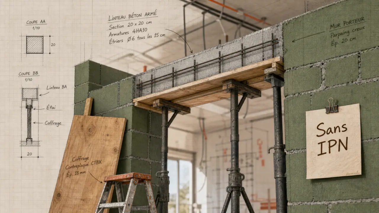 Ouverture maximale mur porteur sans IPN avec linteau béton armé en cours de pose