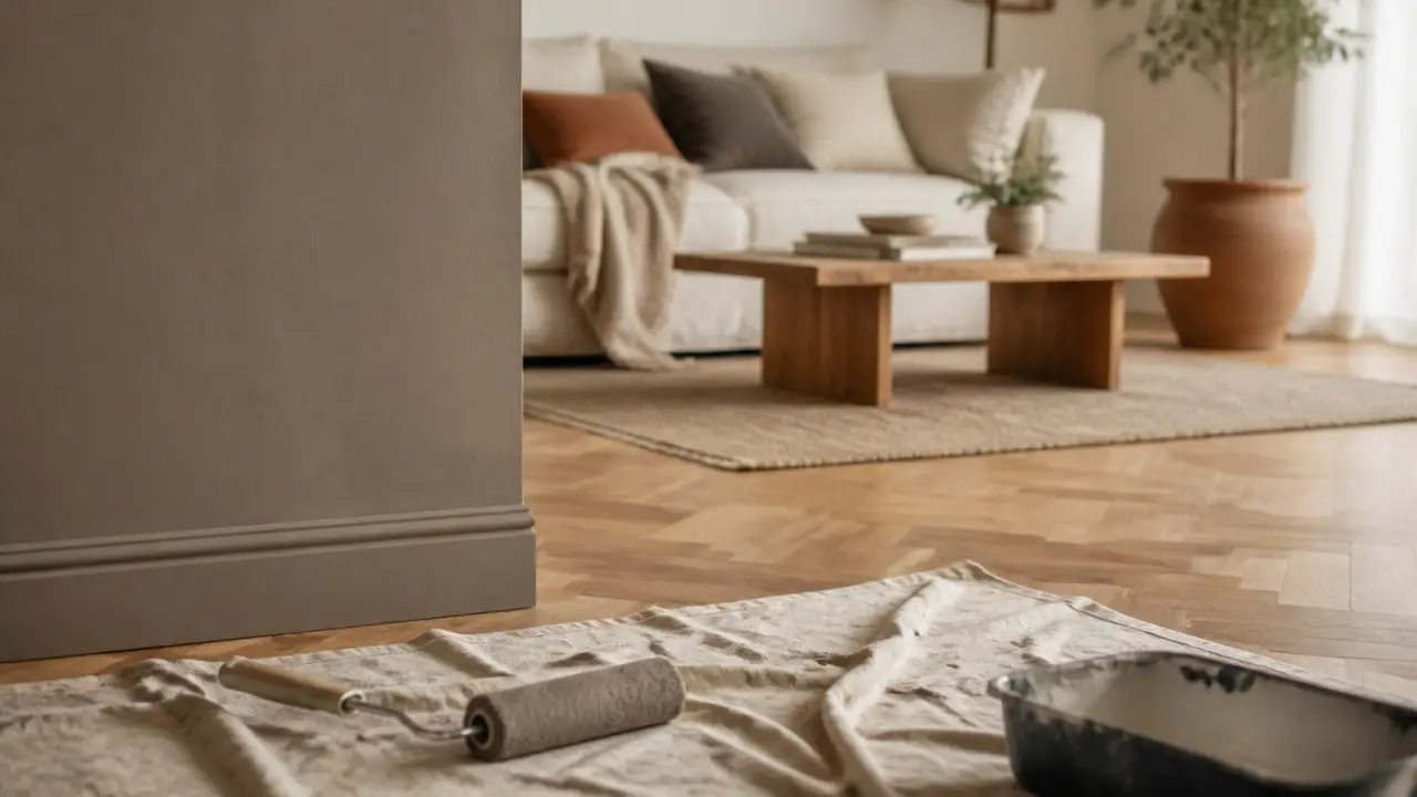 Peinture taupe : mur d’accent taupe clair dans un salon lumineux