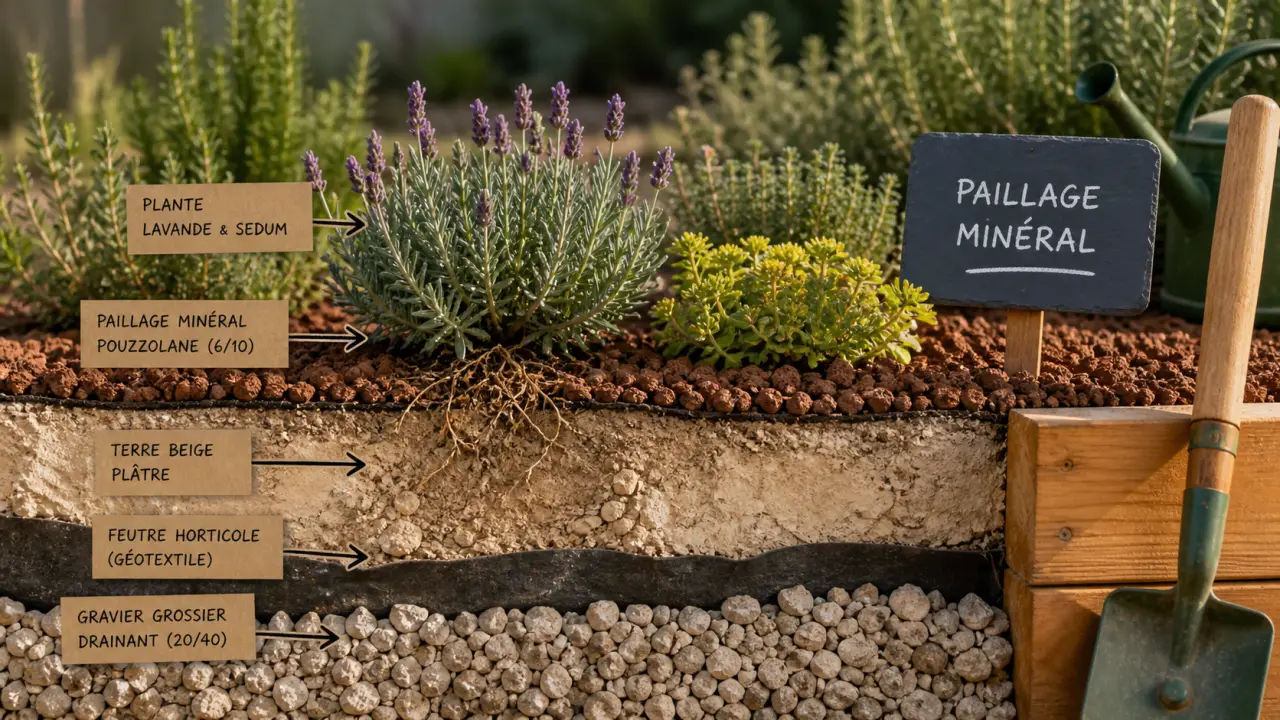Plantes méditerranéennes sans arrosage : paillage minéral et lavande au jardin sec