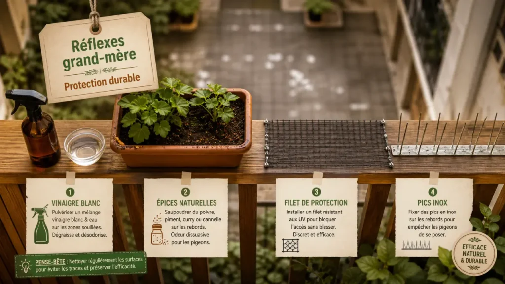 Recette de grand mere pour faire fuir les pigeons : vinaigre, épices, aluminium et protection balcon