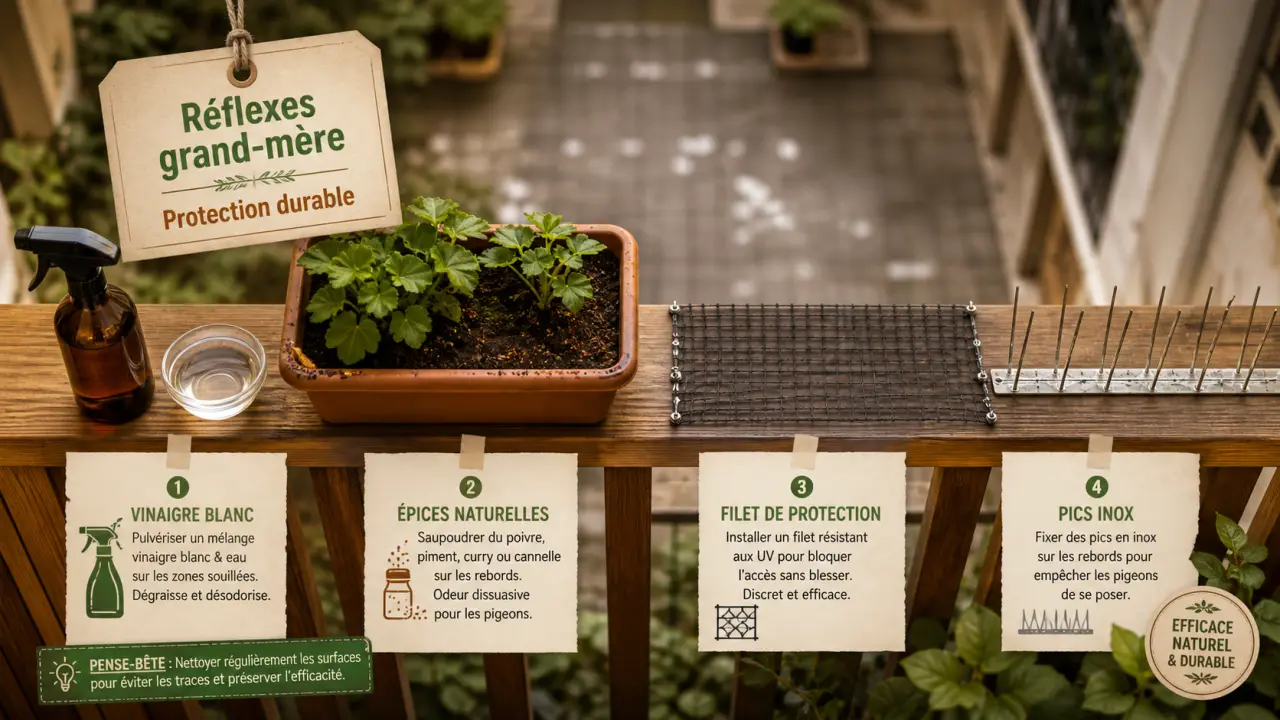 Recette de grand mere pour faire fuir les pigeons : vinaigre, épices, aluminium et protection balcon