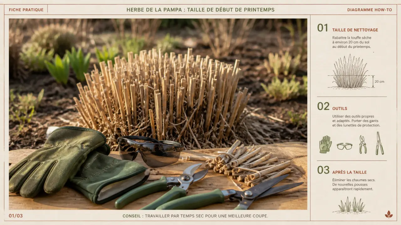 Taille pampa : coupe à 20 cm au printemps, touffe rabattue.