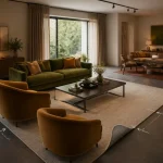 Tapis dans salon sous le canapé avec guide de placement pour mobilier