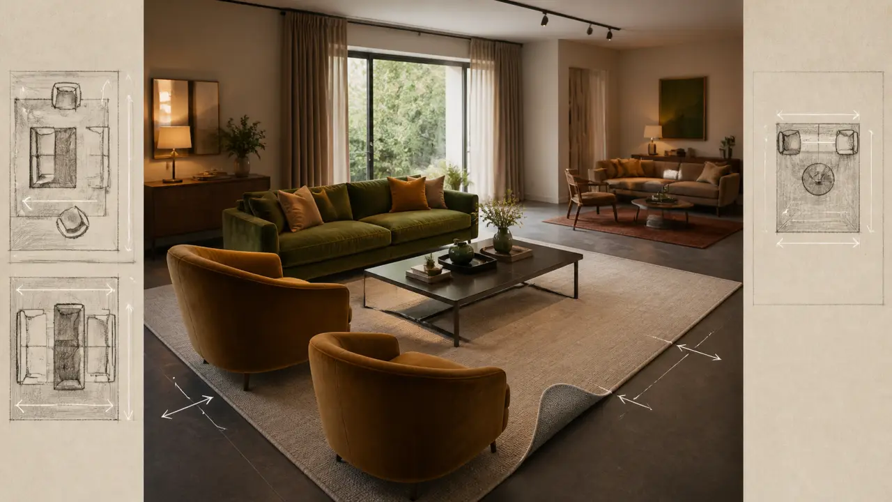 Tapis dans salon sous le canapé avec guide de placement pour mobilier