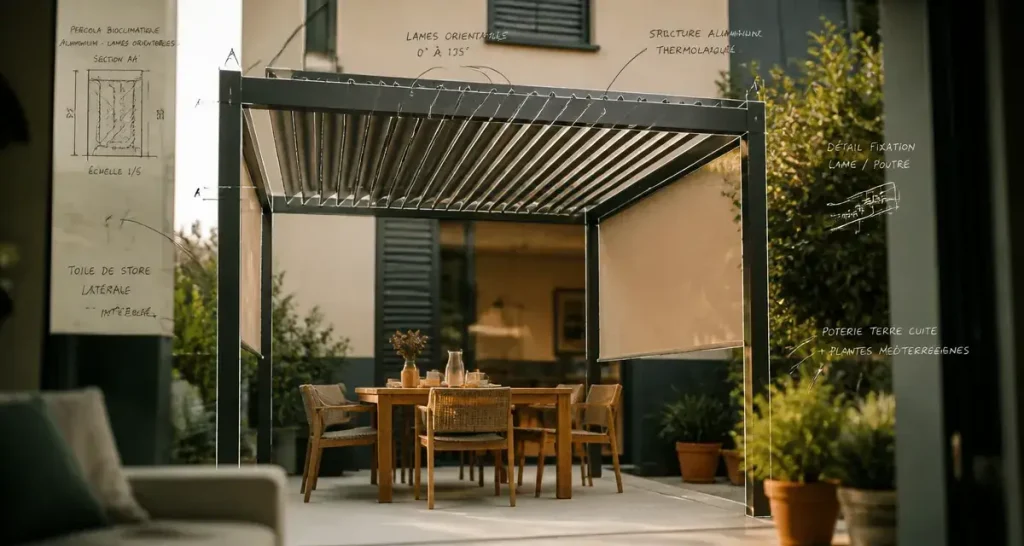 Terrasse couverte maison avec pergola aluminium à lames orientables et stores latéraux