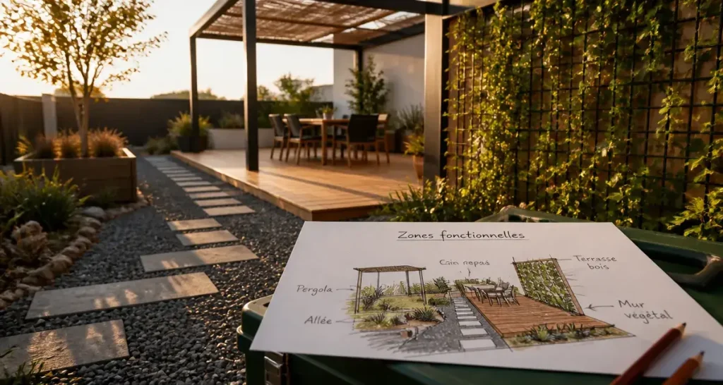 Aménagement du jardin photo : terrasse, allée en gravier, pergola et zones fonctionnelles