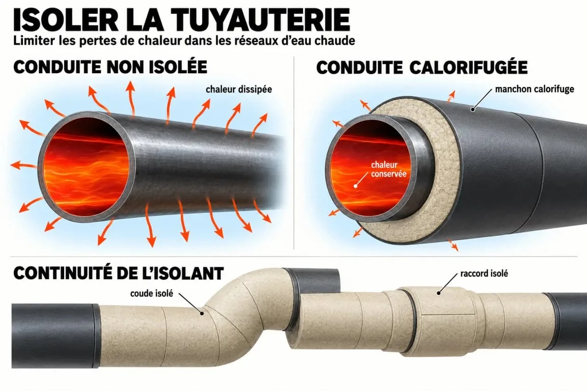 Illustration de l’isolation thermique tuyauterie avec conduite non isolée et conduite calorifugée