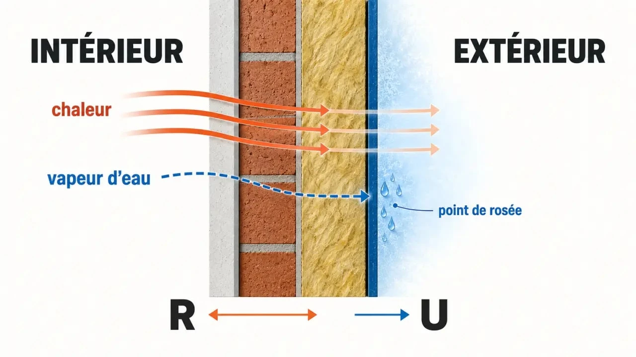 Logiciel de calcul d’isolation thermique : schéma d’une paroi multicouche avec résistance R, coefficient U et point de rosée