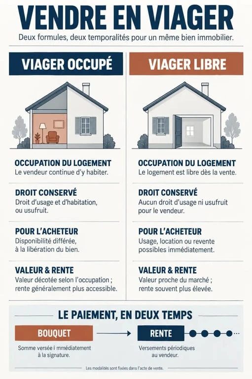 Infographie sur la vente en viager d'un bien immobilier en France : viager occupé et viager libre