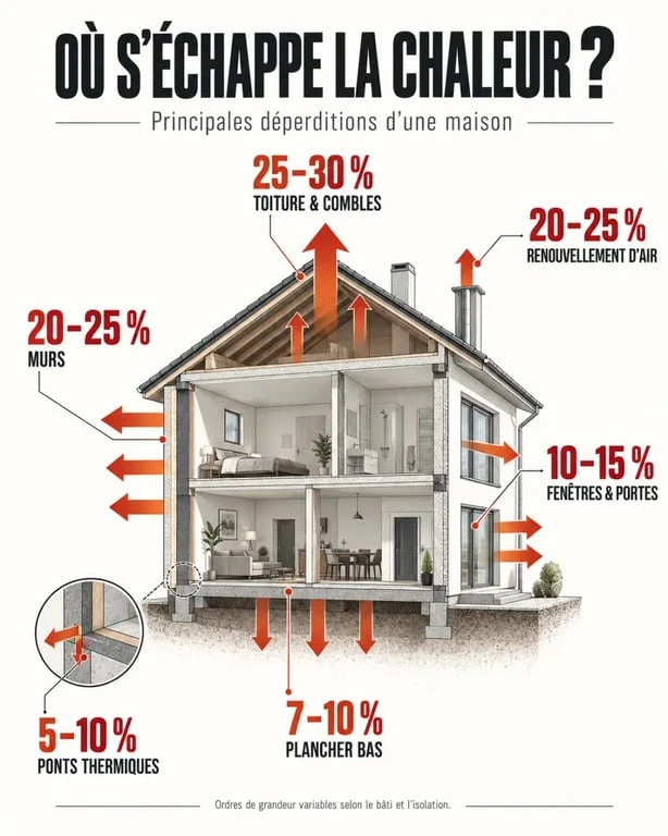 Infographie sur les déperditions et l’isolation thermique du bâtiment
