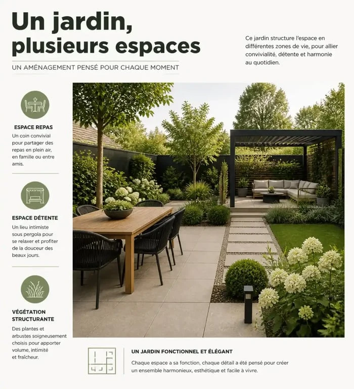 Exemple d'aménagement du jardin photo avec zones fonctionnelles distinctes