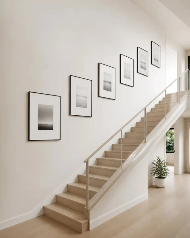 Disposition cadre mural dans un escalier, composition diagonale montante