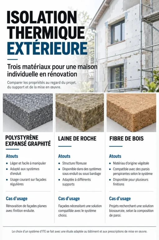 Infographie sur l’isolation thermique extérieure à L’Union comparant polystyrène graphité, laine de roche et fibre de bois