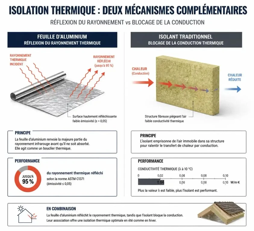 Schéma comparatif isolation thermique aluminium et isolant traditionnel