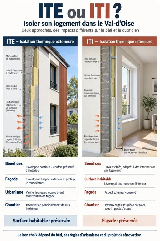 Infographie isolation thermique 95 : comparaison entre ITE et ITI dans le Val-d’Oise