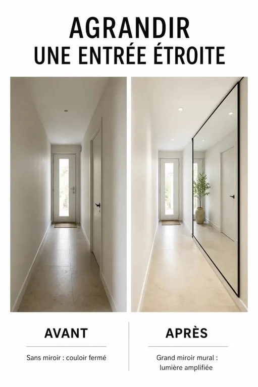 Avant/après d’un miroir entree dans un vestibule étroit pour montrer le gain de lumière et de profondeur
