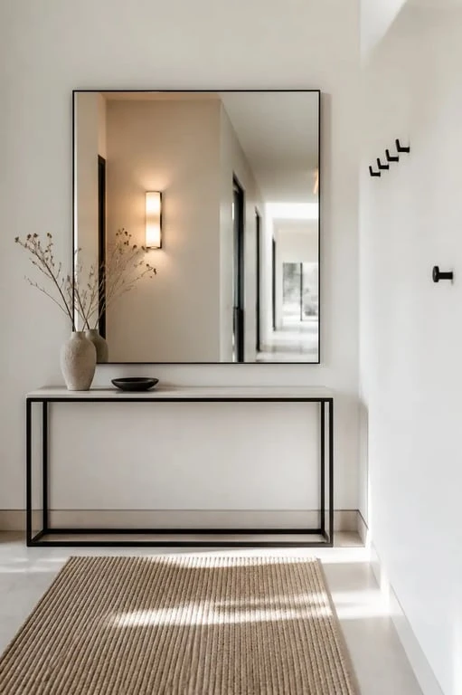 Miroir entree mural au-dessus d’une console dans une entrée contemporaine