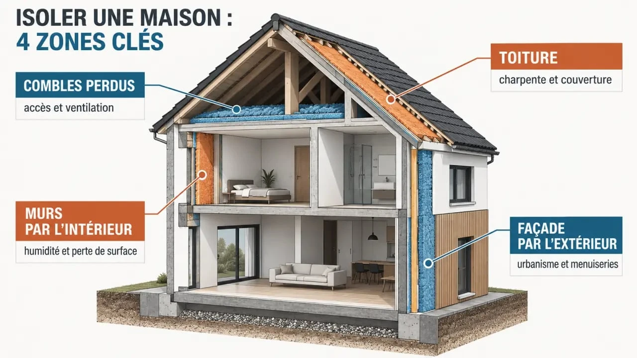 Isolation thermique à L’Arbresle : schéma des zones à isoler dans une maison