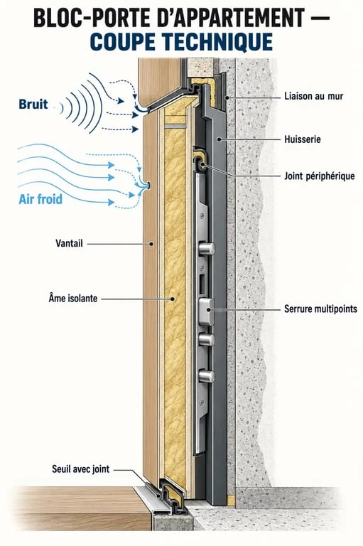 Schéma d’une porte palière avec isolation phonique et thermique montrant le vantail, l’huisserie, les joints et le seuil