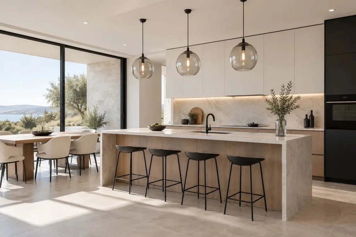 Luminaire design avec suspensions au-dessus d'un îlot de cuisine et d'une table à manger