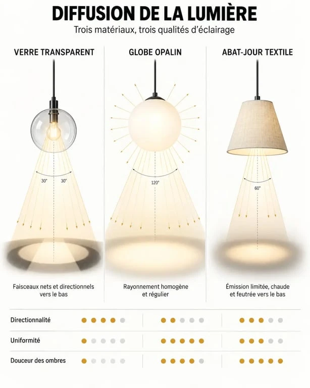 Luminaire design en verre, opaline et textile comparant différents effets de diffusion lumineuse