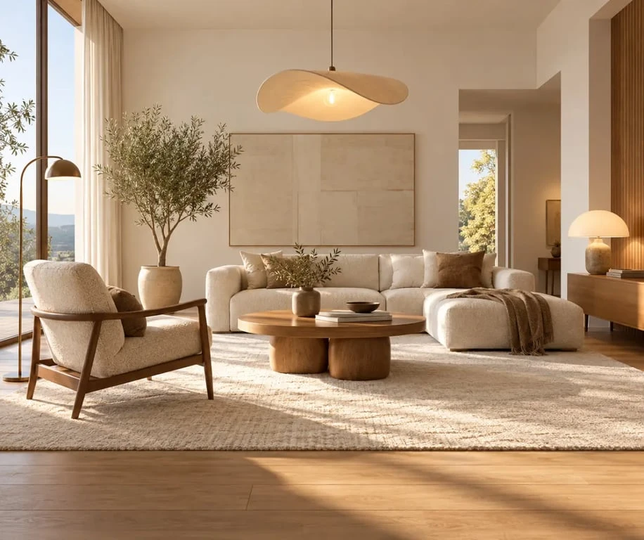Luminaire design dans un salon avec éclairage superposé par suspension, lampadaire et lampe à poser