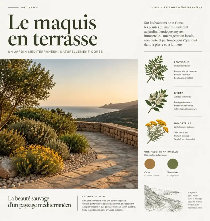 Aménagement extérieur durable en Corse avec pierre locale et plantes endémiques du maquis