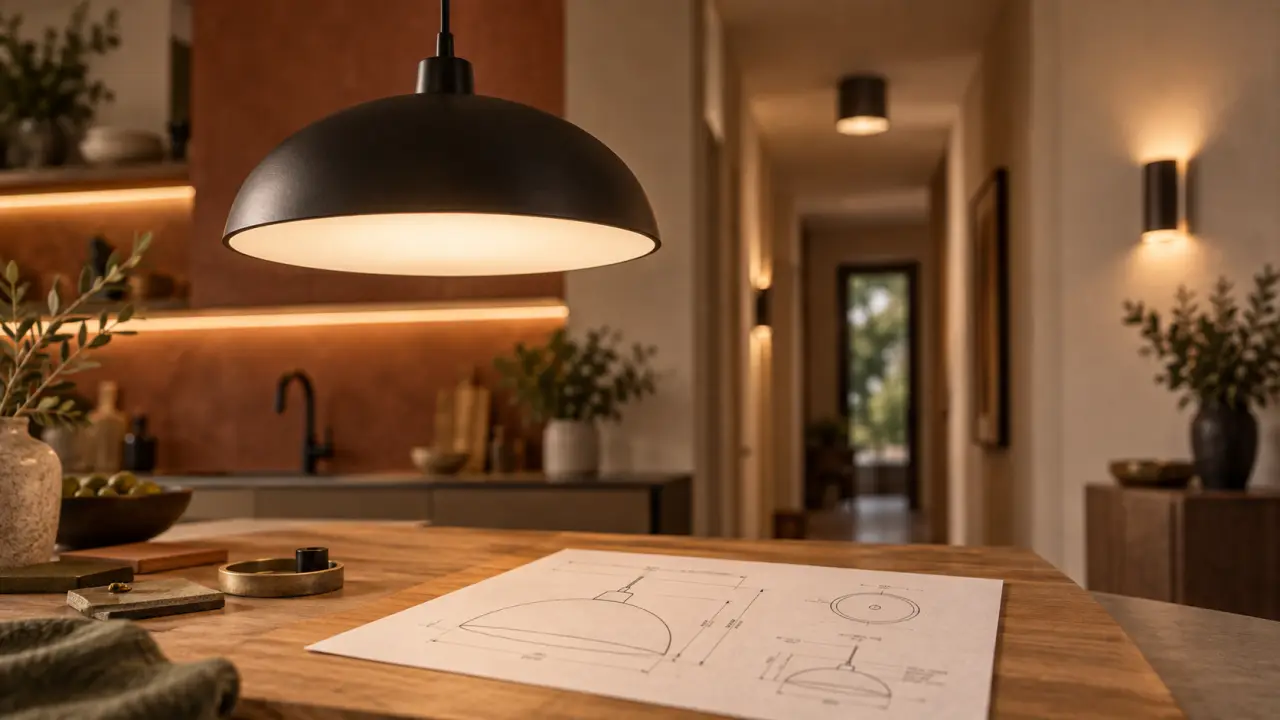 Luminaire design : suspension noire au-dessus de l’îlot cuisine