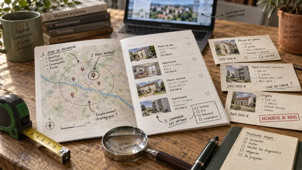 Vente immobilier etat : carte, loupe et filtres pour trouver des biens