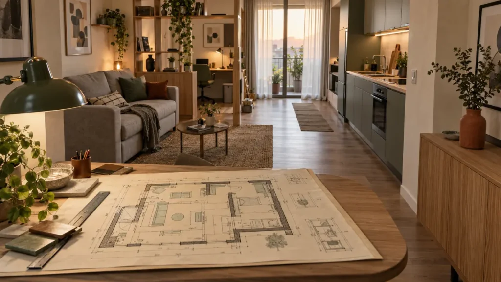 Aménagement petit appartement 40m2 : plan et séparation salon-bureau