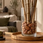 Bambou pour decoration intérieure : vase haut en verre avec tiges de bambou et galets