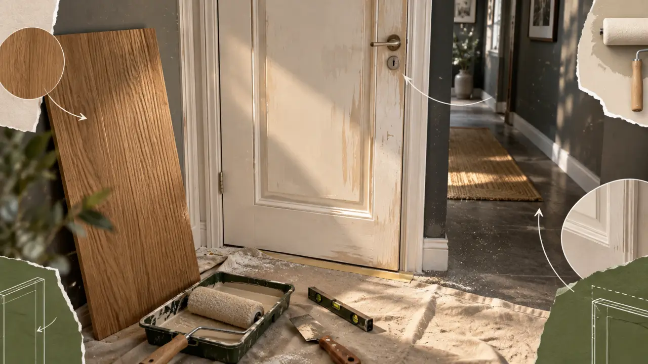 Décoration pour porte intérieure : panneau bois et peinture satinée pour rénover une porte