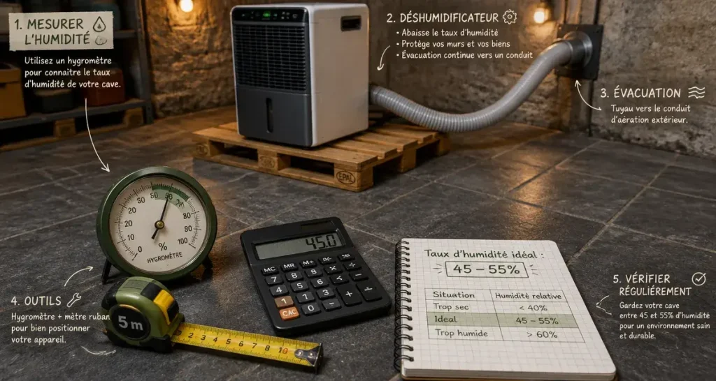 Déshumidificateur pour cave : adsorption sous 12 °C, évacuation continue, bon dimensionnement