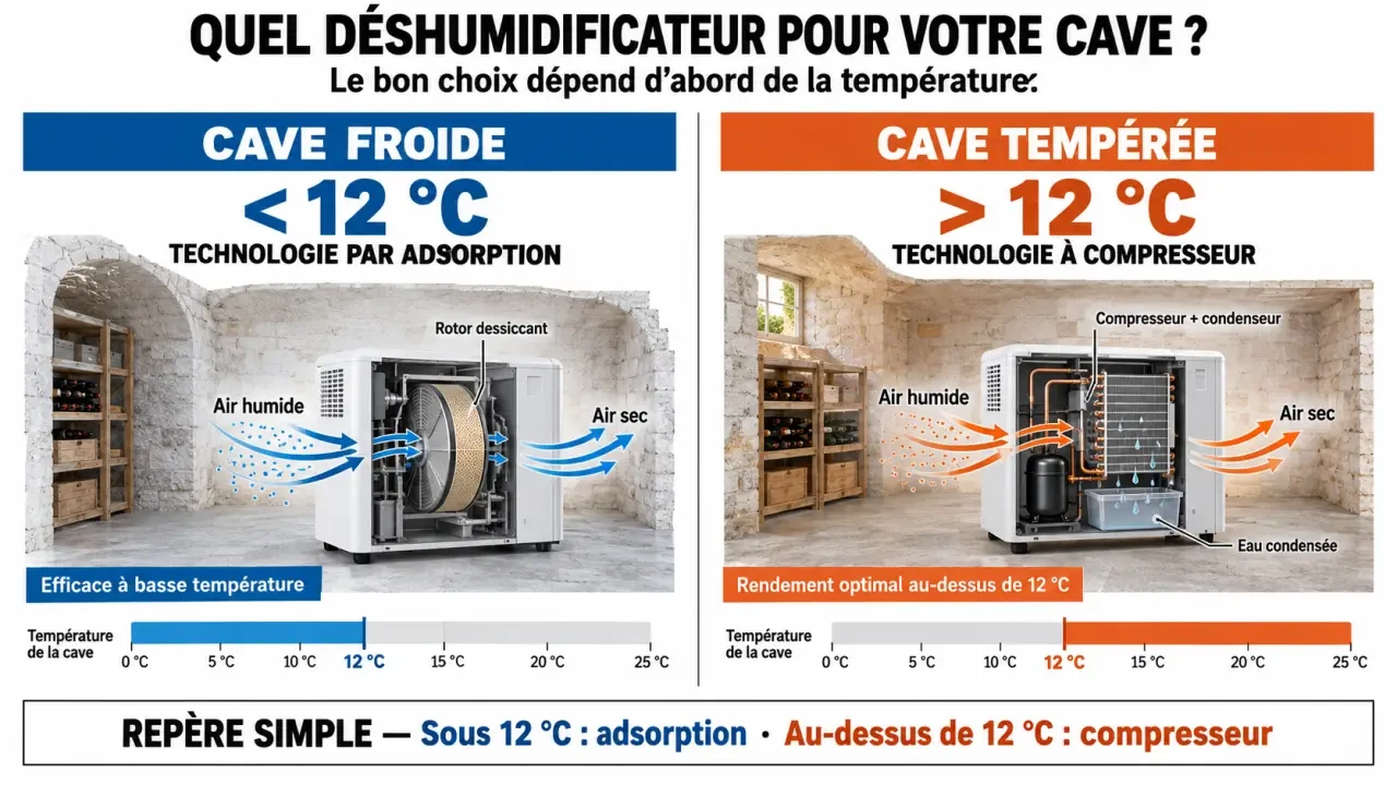 Déshumidificateur pour cave : adsorption ou compresseur selon la température