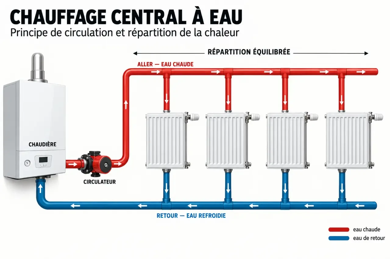 Schéma simplifié de la circulation chauffage central entre chaudière, circulateur et radiateurs