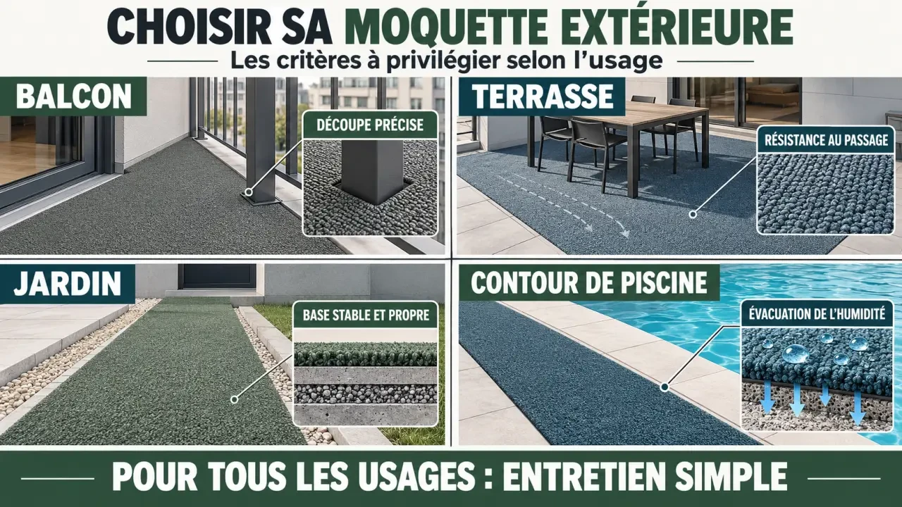 Infographie sur les moquettes exterieures selon les usages balcon terrasse jardin et piscine