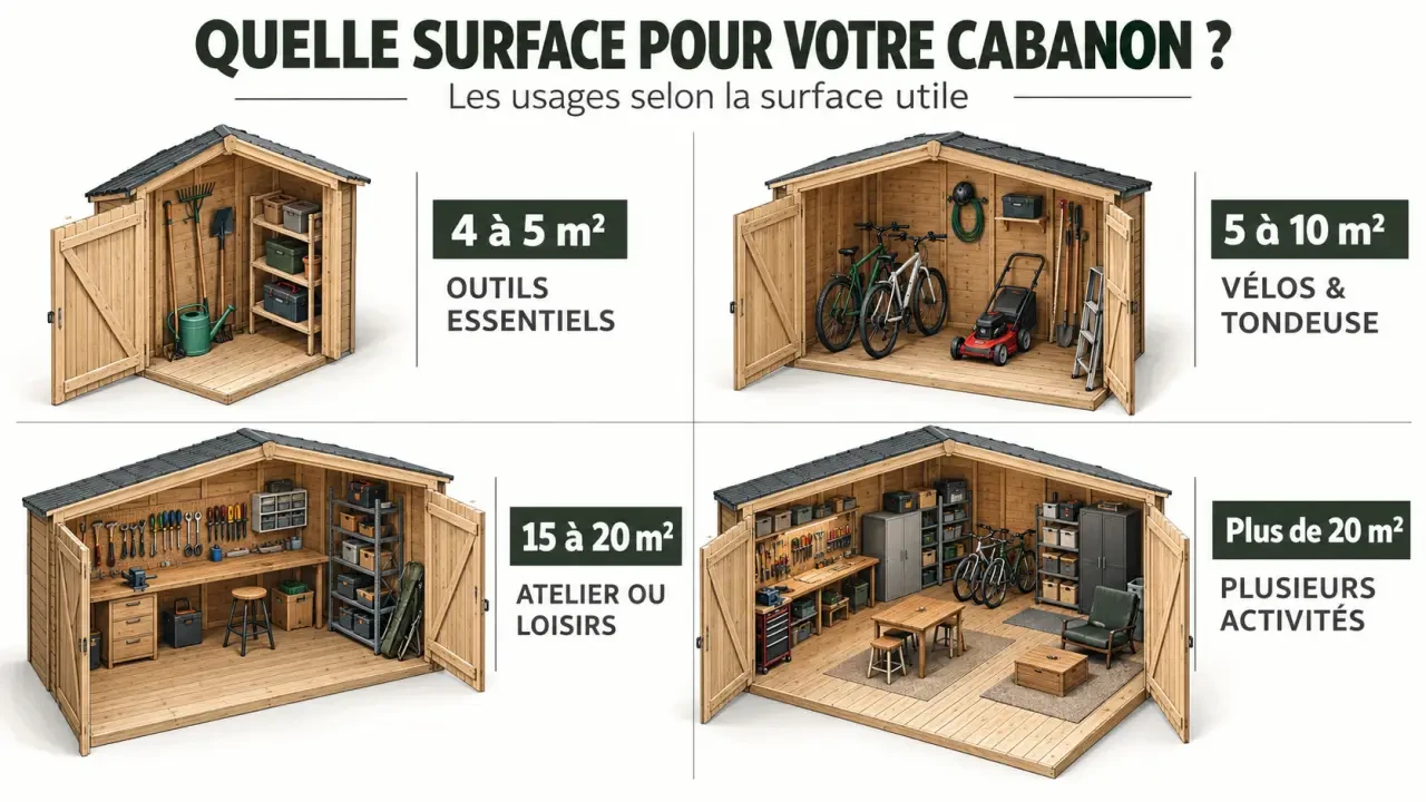 Infographie sur les surfaces et usages d’un cabanon jardin bois
