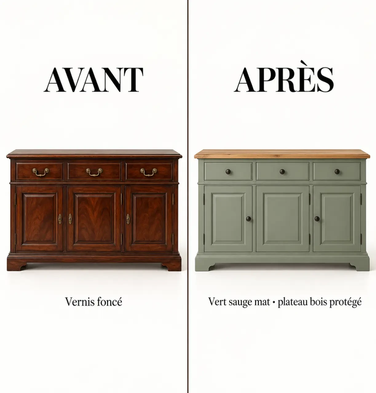 Relooking meuble avant après d’un buffet foncé avec corps vert sauge et plateau en bois apparent