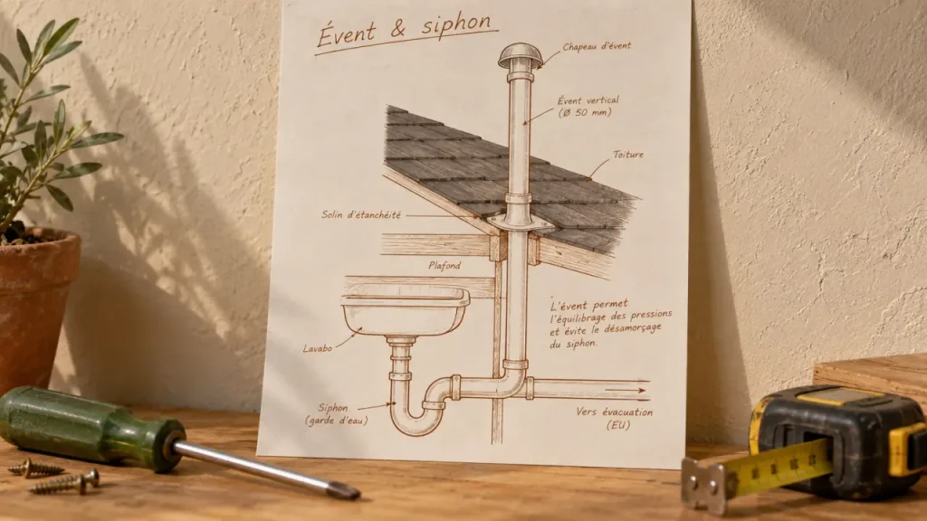 Évent plomberie avec siphon, schéma technique